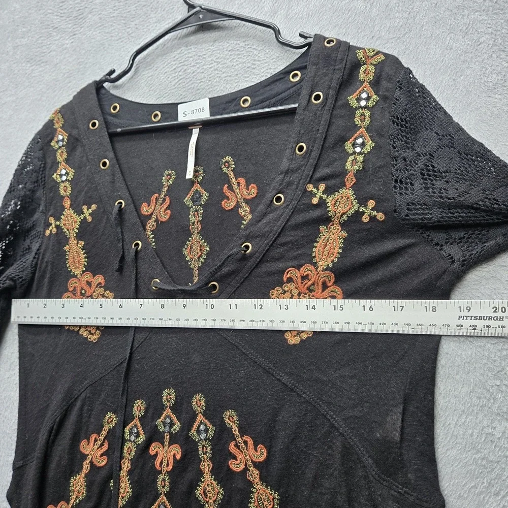 Free People Women Blouse M Black Linen Festival Boho Fairy Grunge Whimsigoth Y2K